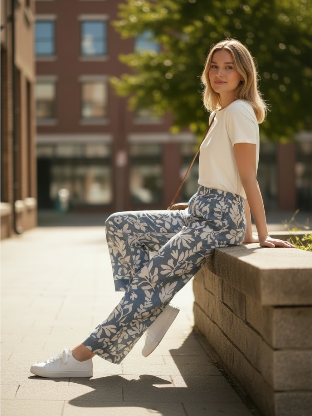 Wide-Leg Floral Print Pants in Blue and White - Picture 2 of 7